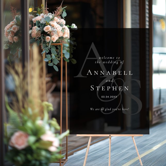 Elegant, klassisch, Monogramm, schwarz, Hochzeit Acrylschild (Elegant, Classic, Monogram, Black, Wedding Acrylic Sign with your name and date)