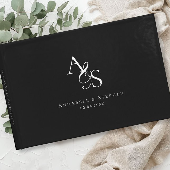 Elegant, klassisch, Monogramm, schwarz, Hochzeit Gästebuch (Elegant, Classic, Monogram, Black & White, Wedding Guest Book)