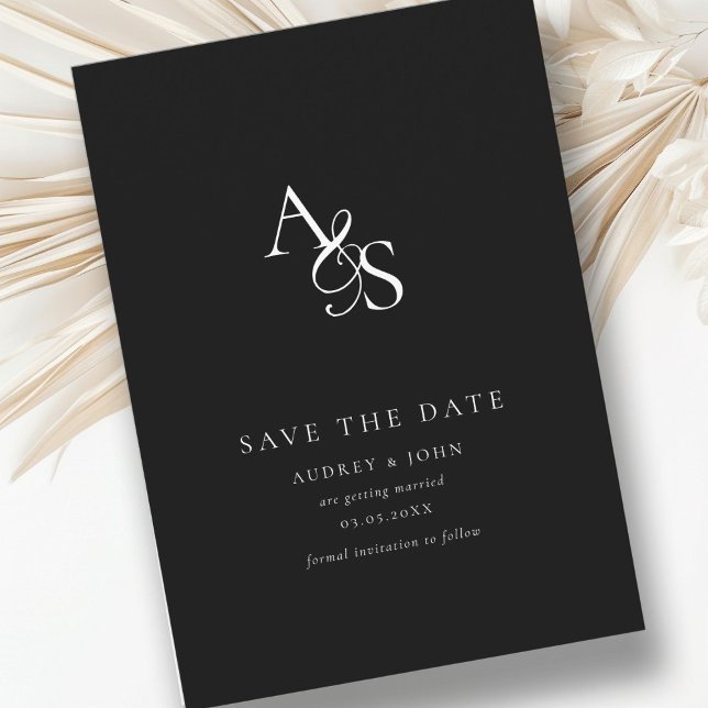 Elegant, klassisch, Monogramm, schwarz, Hochzeit Save The Date (Elegant, Classic, Monogram, White, Wedding Save The Date.  Black + White, Print & Download.)