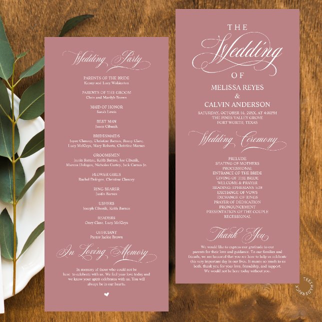 Elegant Klassisch Staubiges Rosenrosa Schrift Hoch Programm (Elegant Classy Dusty Rose Pink Script Wedding Program Card)