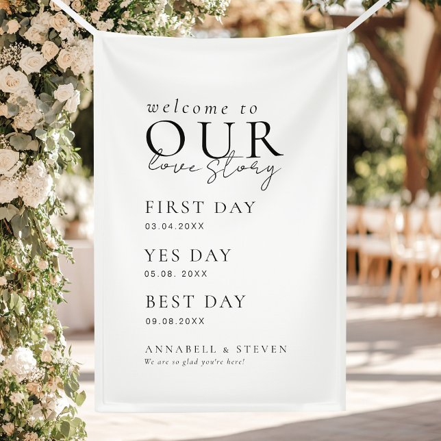 Elegant, klassisch, weiß, HERZLICH WILLKOMMEN IN U Banner (Elegant, Classic, White, WELCOME TO OUR LOVE STORY Banner with your name and dates.)