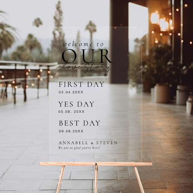 Elegant, klassisch, WILLKOMMEN IN UNSERER LIEBE GE Acrylschild (Elegant, Classic, WELCOME TO OUR LOVE STORY Acrylic Sign with your name and date.)