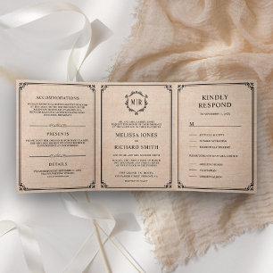Elegant klassische rustikale Jute-Monogramm-Hochze Dreifach Gefaltete Einladung