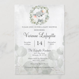 Elegant Koala Eucalyptus Leaf Foliage Baby Shower Einladung