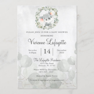 Elegant Koala Eucalyptus Leaf Foliage Baby Shower Einladung