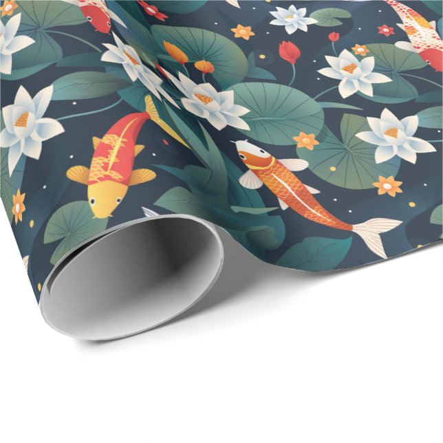 Elegant Koi and Waterlily Wrapping Paper on Indigo Geschenkpapier (Rolleneckpunkt)