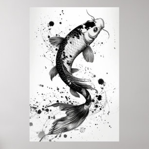 Elegant Koi Fish Pond Schwarzer Stroke Flat Illust Poster
