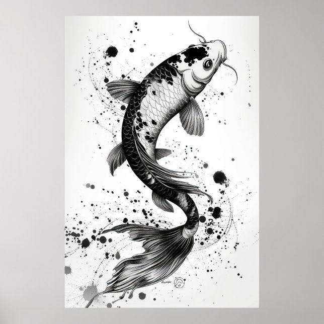 Elegant Koi Fish Pond Schwarzer Stroke Flat Illust Poster (Vorne)