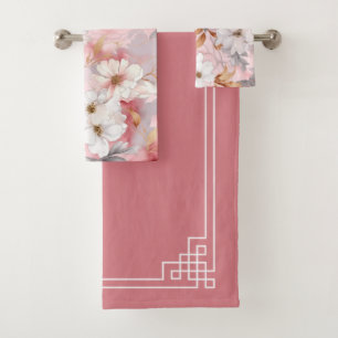 Elegant Korallenrosa Wasserfarbe Botanisch floral Badhandtuch Set