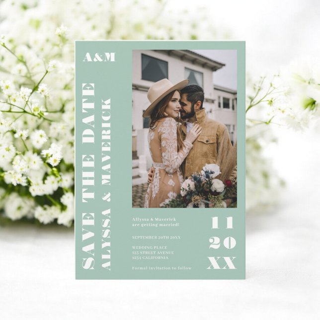 Elegant kühl schlichtes Weiß Grün 2 Fotos Hochzeit Save The Date (Elegant Bold simple sage green 2 photos wedding Save The Date)