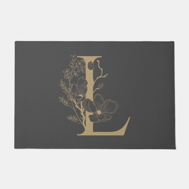 Elegant L Boho Floral Monogram Initial Gray Gold Fußmatte (Vorderseite)