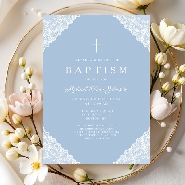 Elegant Lace Blue Baby Boy Baptism Einladung (Elegant Lace Navy Blue Baby Boy Baptism Invitation)
