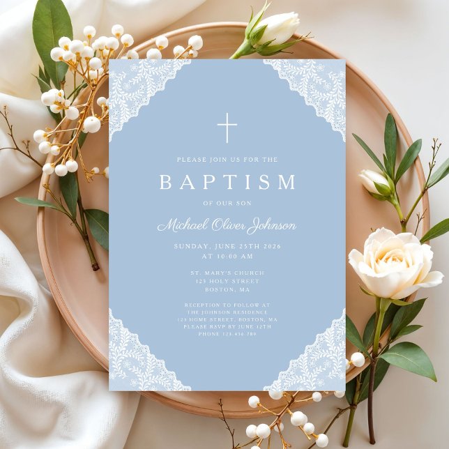 Elegant Lace Blue Baby Boy Baptism Einladung (Elegant Lace Navy Blue Baby Boy Baptism Invitation)
