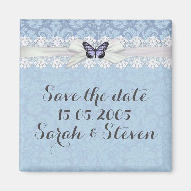 Elegant Lace Blue Butterfly Damask Save the Date Magnet (Vorne)