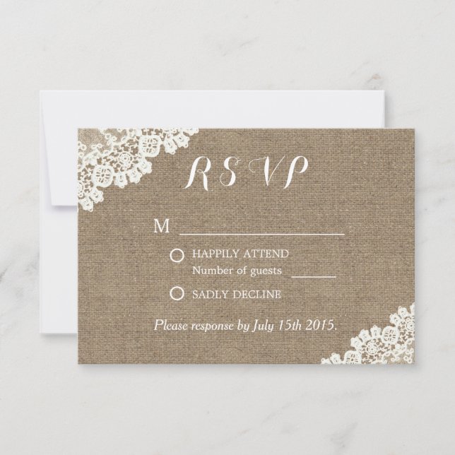 Elegant Lace Corner Burlap Wedding RSVP Karte (Vorderseite)