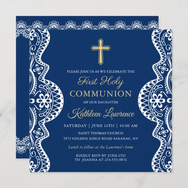 Elegant Lace Navy Blue First Holy Communion Einladung (Vorne/Hinten)