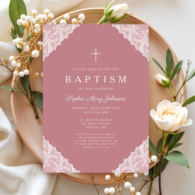 Elegant Lace Pink Baby Girl Baptism Einladung (Elegant Lace Pink Baby Girl Baptism Invitation)