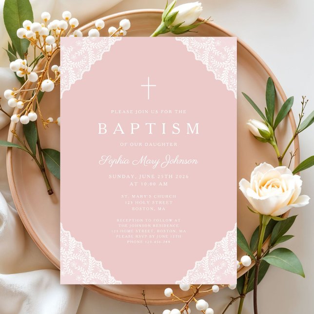 Elegant Lace Pink Baby Girl Baptism Einladung (Elegant Lace Pink Baby Girl Baptism Invitation)