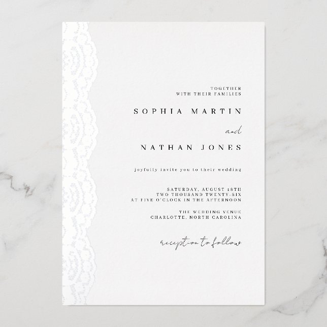 Elegant Lace Real Silver Foil Wedding  Folieneinladung (Vorderseite)