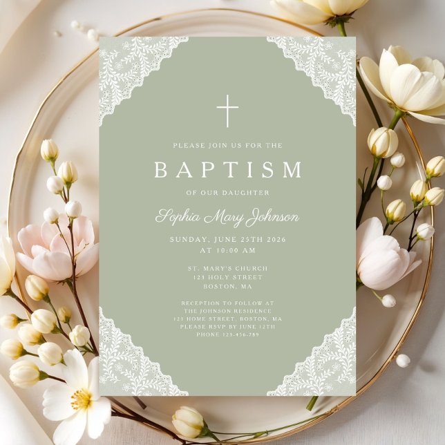 Elegant Lace Sage Green Baptism Einladung (Elegant Lace Sage Green Baptism Invitation)