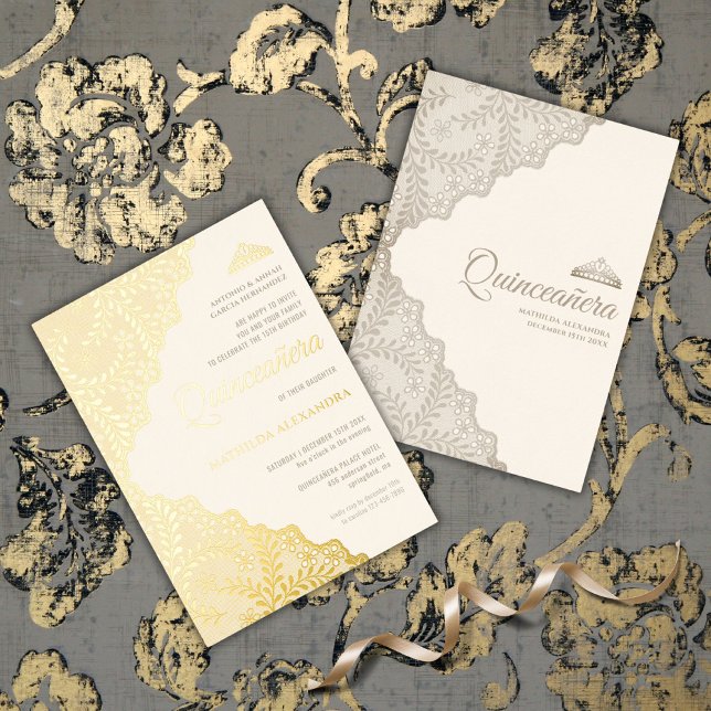 Elegant Lace Tiara Quinceanera Gold Folieneinladung (Elegant Lace Tiara Quinceanera Gold Foil Invitation)