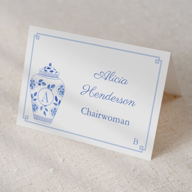 Elegant Lady Monogram Ginger Jar Platzkarte Tischnummer (Individual place cards for wedding, meeting, bridal shower etc with monogram ginger jar & greek key)