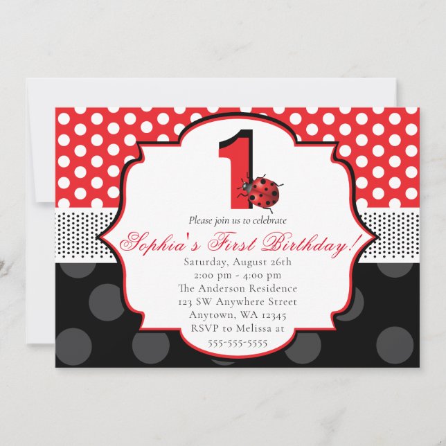 Elegant Ladybug Polka dot First Birthday Einladung (Vorderseite)
