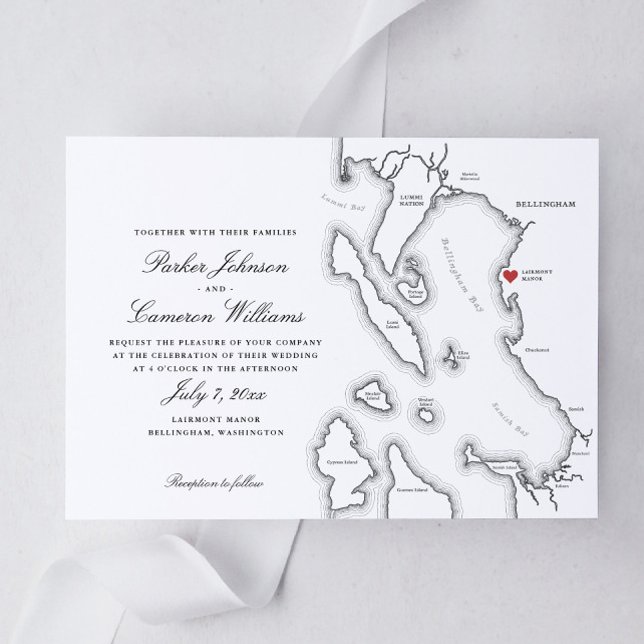 Elegant Lairmont Manor Bellingham Map Wedding Einladung (Elegant Bellingham Washington Lairmont Manor Wedding Invitation in black and white)
