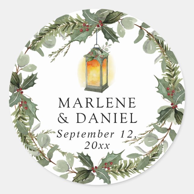 Elegant Lantern Winter White n Red Holly Envelope Runder Aufkleber (Vorderseite)