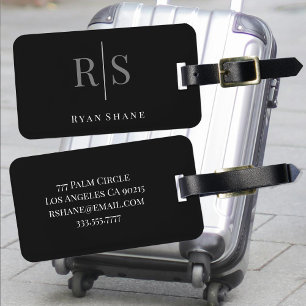 Elegant Large Gray Monogram White Name Info, Black Gepäckanhänger