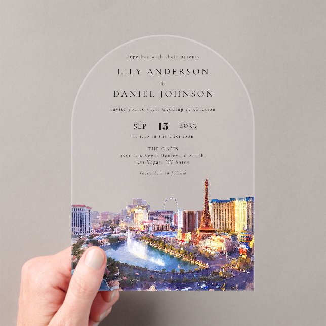 Elegant Las Vegas Skyline Watercolor Wedding Arch Acryleinladungen (Insitu (Handheld))