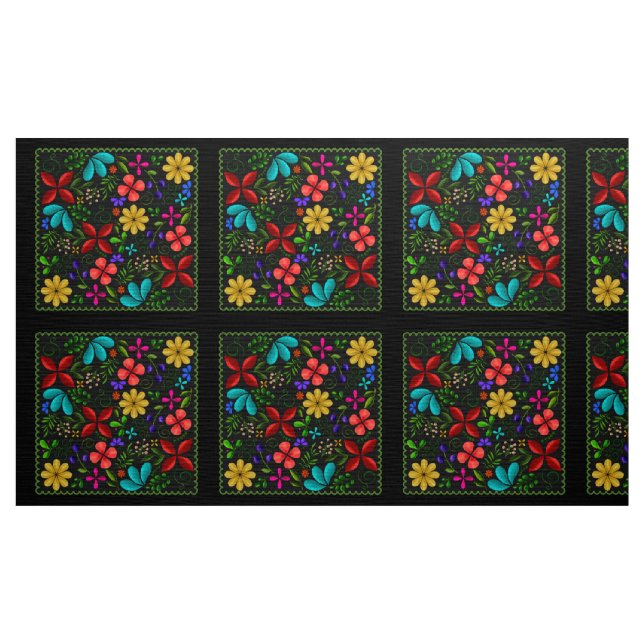 Elegant Latin Folk Floral | Schwarz Stoff (Yard (91,4 cm))