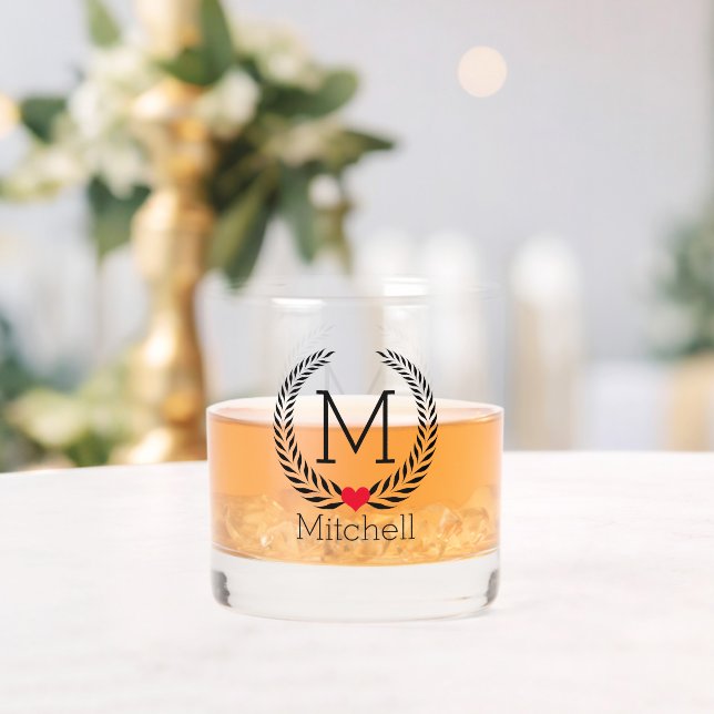 Elegant Laurel Herz Mit Monogramm Name Personalisi Whiskyglas (Insitu (Hochzeit))