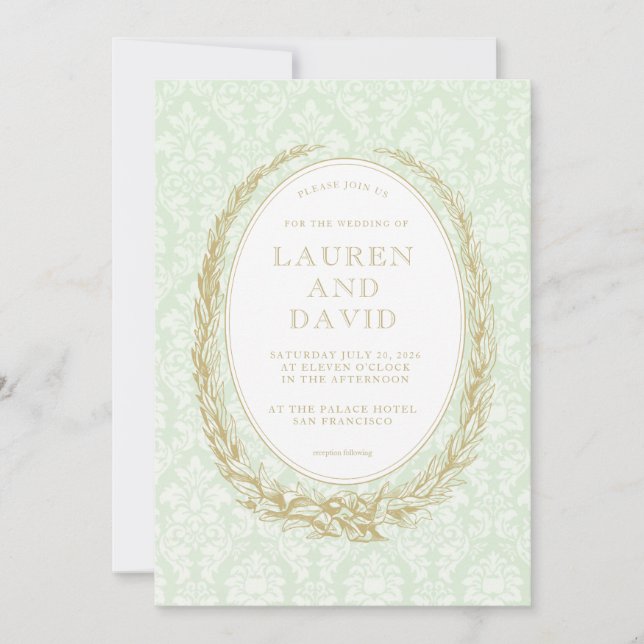 Elegant Laurel Wreath | Green Damask Einladung (Vorderseite)