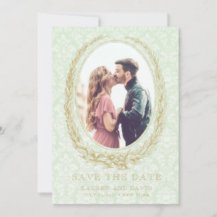 Elegant Laurel Wreath Green Damask Foto Save The Date