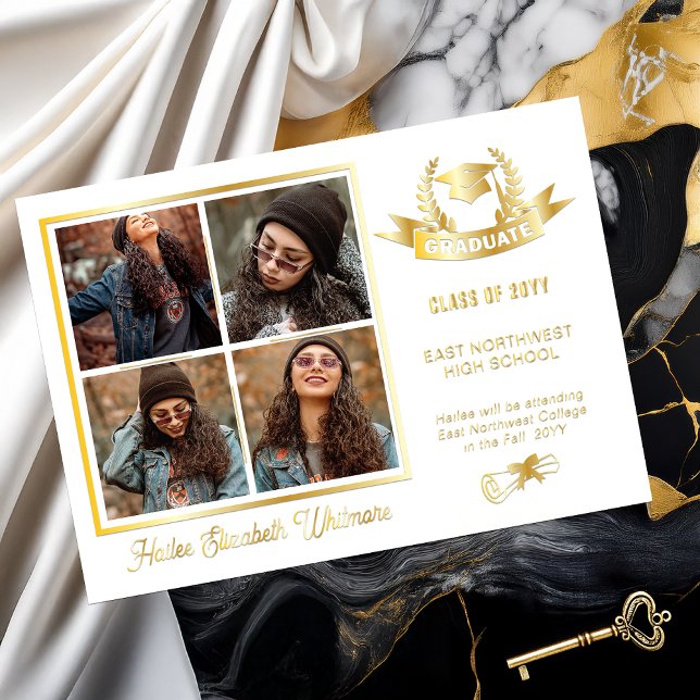 Elegant Laurels Four Photo Graduation Announcement Folieneinladung (Elegant and Classy Grad Cap and Laurels 4 Photo Collage White and Gold Foil Graduation Announcement)