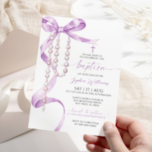 Elegant Lavender Bow & Rosary Taufe Einladung