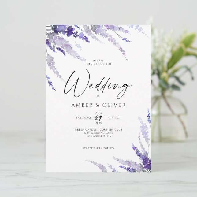 Elegant Lavender Dusty Lila Violet Boho Wedding Einladung (Stehend Vorderseite)
