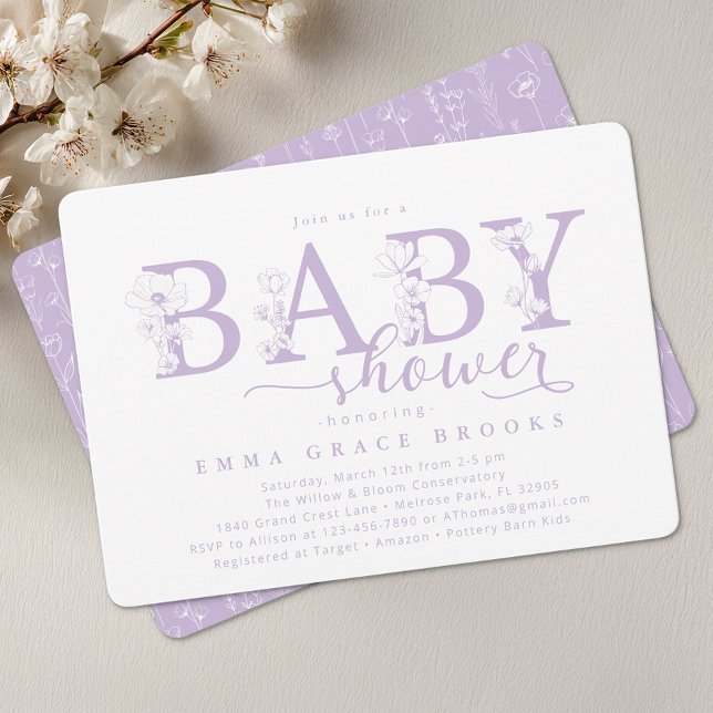 Elegant Lavender Floral Baby Shower Typography Einladung (Lavender Baby Shower Invite)