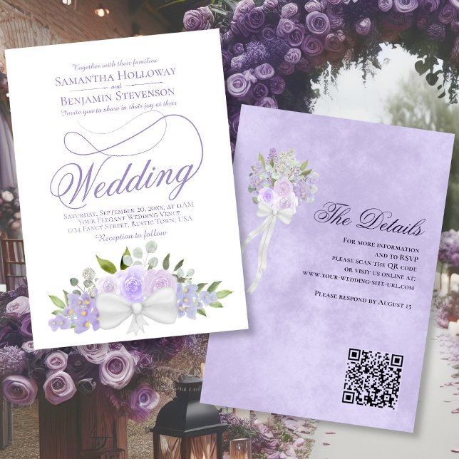 Elegant Lavender Floral Bouquet QR Code Wedding Einladung (Front/Back)
