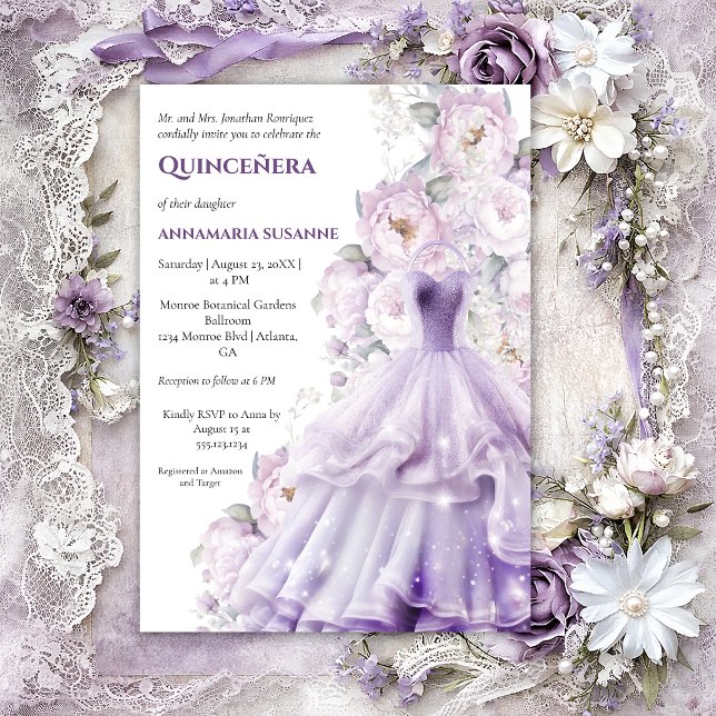 Elegant Lavender Floral Quinceañera Ball Gown |  Einladung (Von Creator hochgeladen)