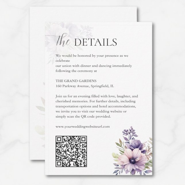 Elegant Lavender Floral Wedding Details QR Code  Begleitkarte (Von Creator hochgeladen)