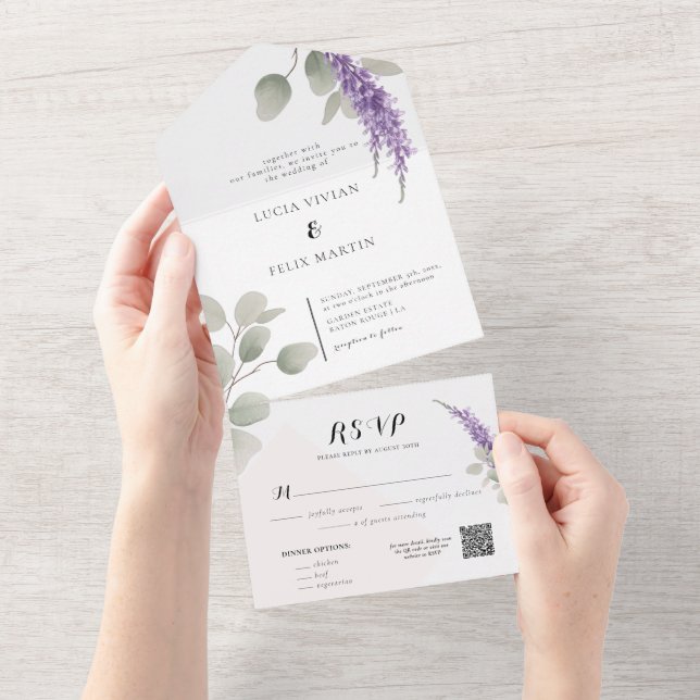 Elegant Lavender Greeny Eucalyptus Blätter Wedding All In One Einladung (Abreißen)