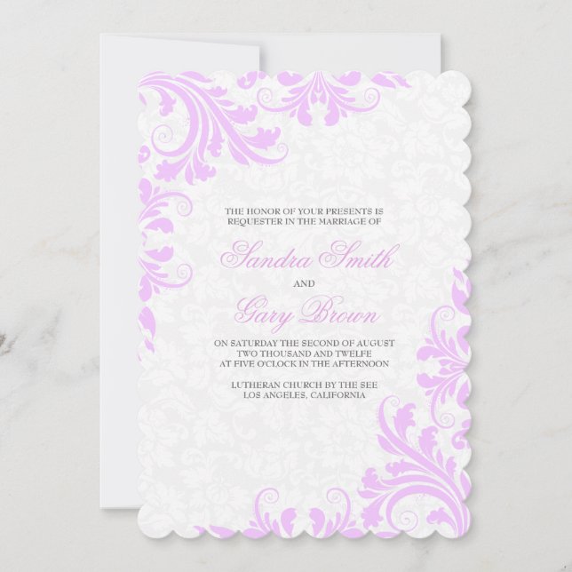 Elegant Lavender Lace White Damasks Wedding Einladung (Vorderseite)