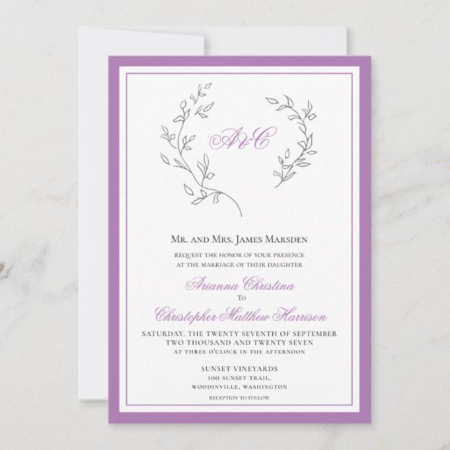 Elegant Lavender Monogram Leaf Wreath Wedding Einladung (Vorderseite)