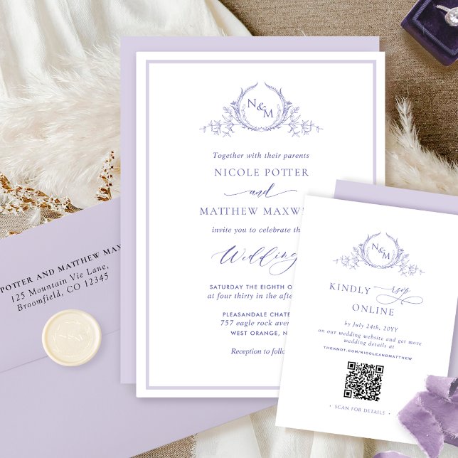 Elegant Lavender Monogram Wedding Einladung (Von Creator hochgeladen)