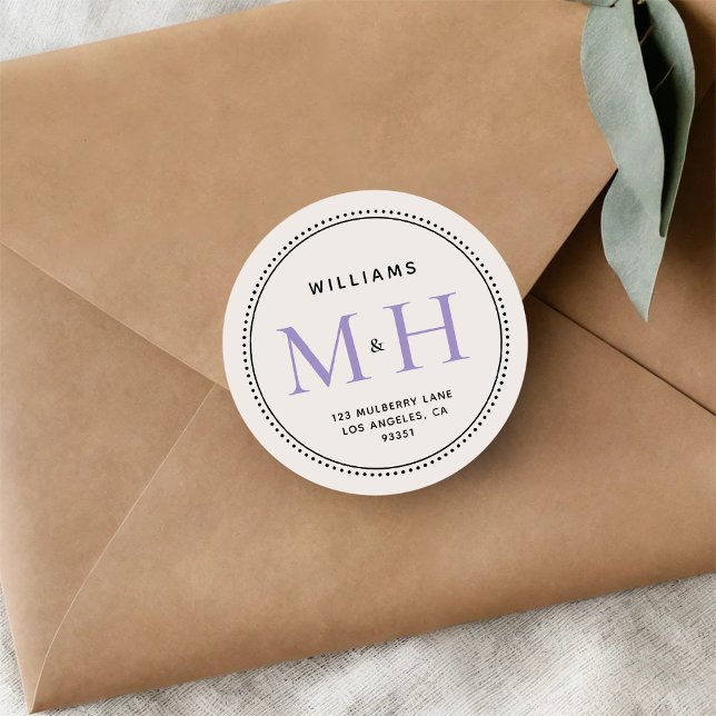 Elegant Lavender Monogram Wedding Rücksendeadresse Runder Aufkleber (Von Creator hochgeladen)