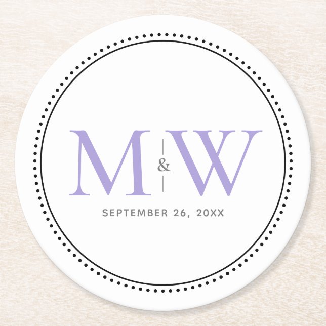 Elegant Lavender Monogram Wedding Runder Pappuntersetzer (Vorderseite)
