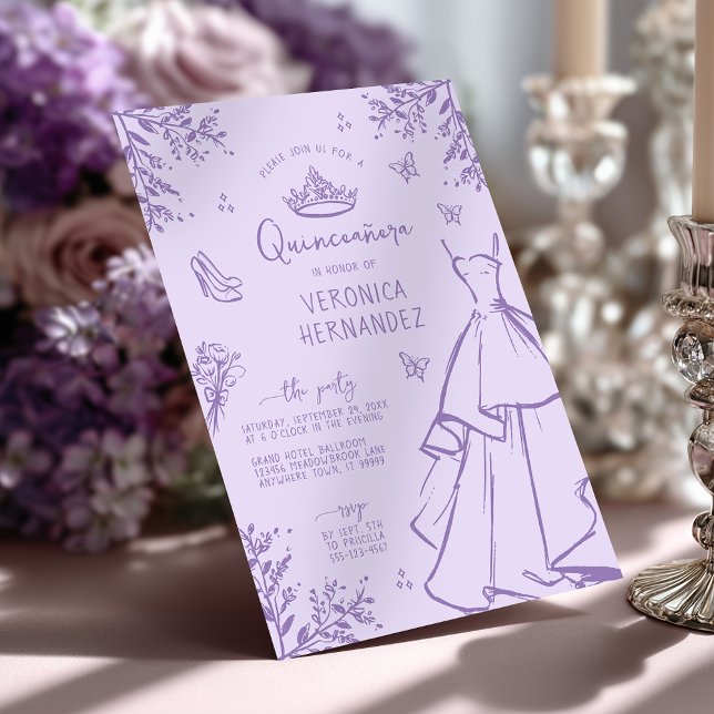Elegant Lavender Scribble Quinceanera Einladung (Shown on a 5" x 7" invitation)