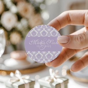 Elegant Lavender White Damask Wedding Gefallen Runder Aufkleber